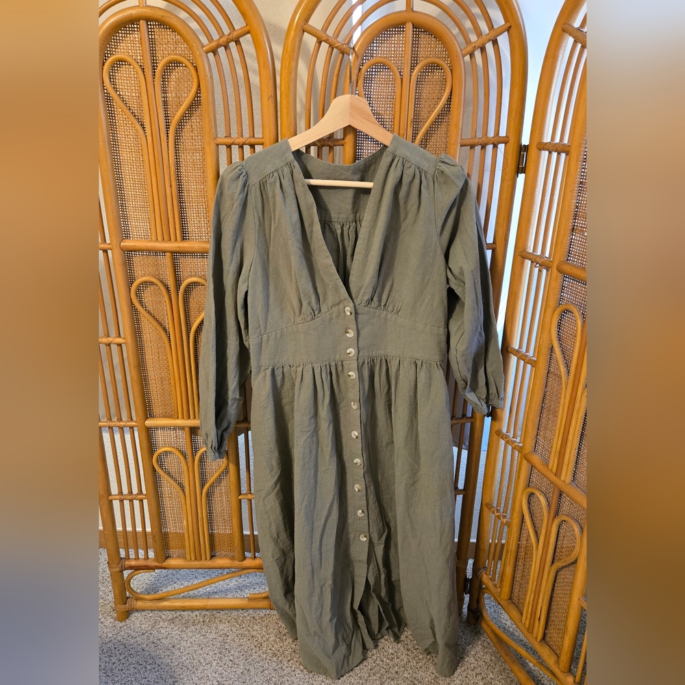 Women’s Olive Green Midi Button-Front Dress